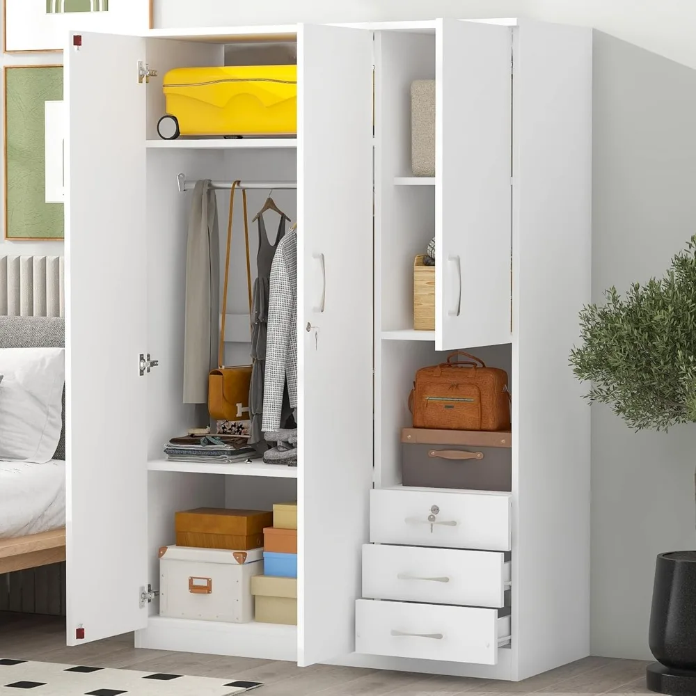 Wardrobe Closet Organizer with Big Drawers, Hanging Rail and Shelves, Tall 3 Doors Armoire Clothes Storage Cabinet for Bedroom