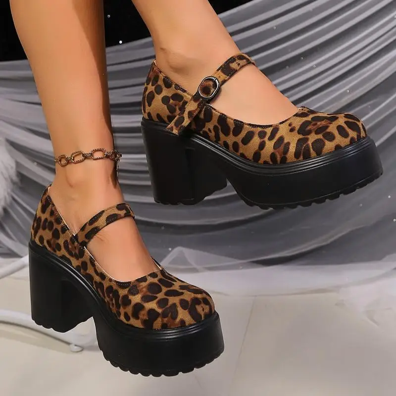 sexy Leopard Super High Heels Mary Janes Women 2024 Fashion Ankle Buckle Platform Pumps Woman Chunky Heel Party Shoes Ladies