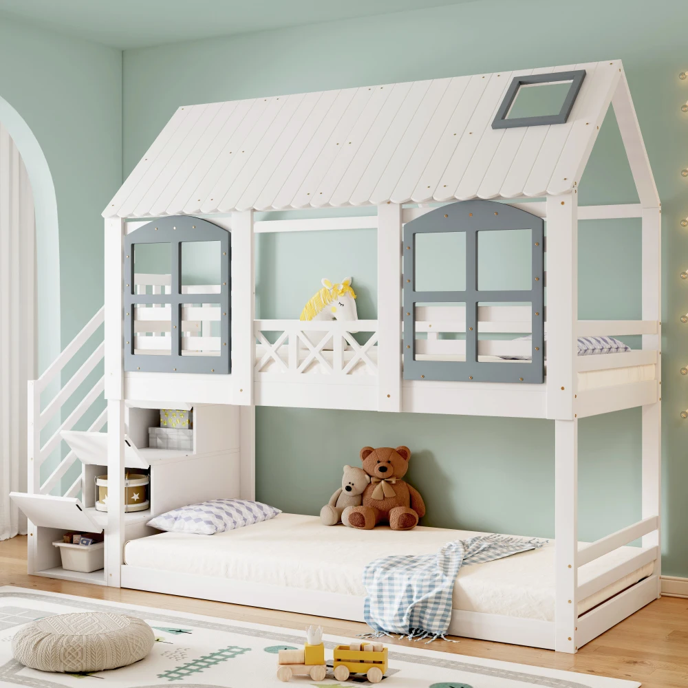 PINGGO Weißgraues Etagenbett 90x200cm mit Dachfenster, Leiter, Fallschirmgitter und 3 Staufächern aus Kiefern-MDF, ohne Matratze – Detail 4