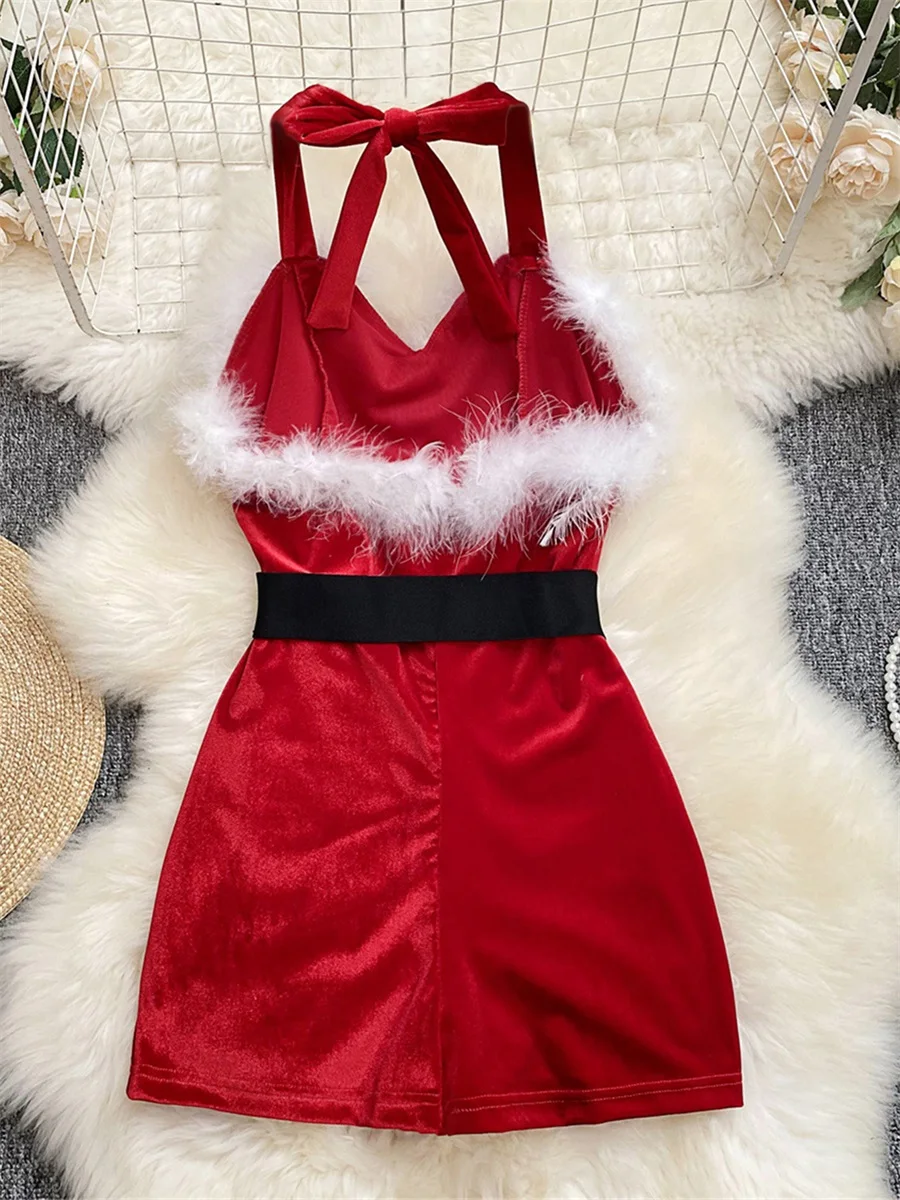 Women's Christmas Cosplay Costume Lingerie Rompers Plush Trim Christmas Party Cosplay Jumpsuits Playsuits