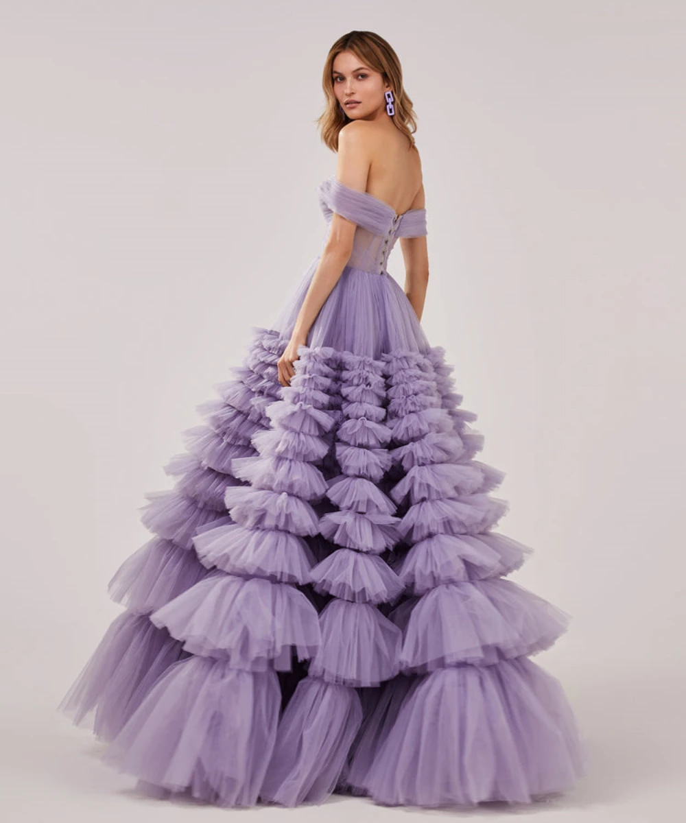 Sevintage Lavender Tiered Prom Dresses Sweetheart Off the Shoulder Ruffled Long Evening Dress Lace-up Wedding Party Gown 2022