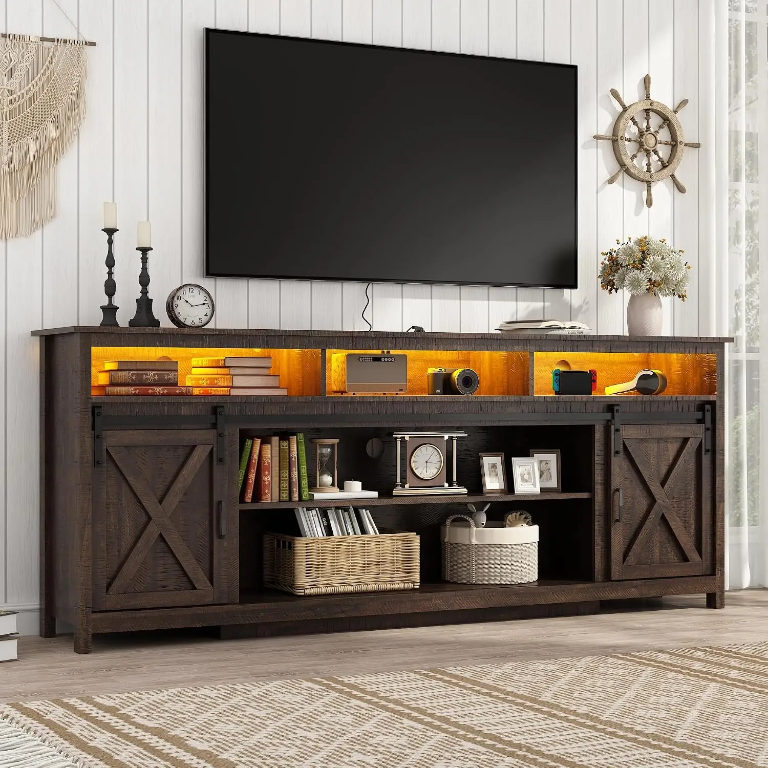 80in Wooden Farmhouse Entertainment Center for 90/85 inch TV,Double Layer Storage Farmhouse TV Stand,Double-Row Sockets