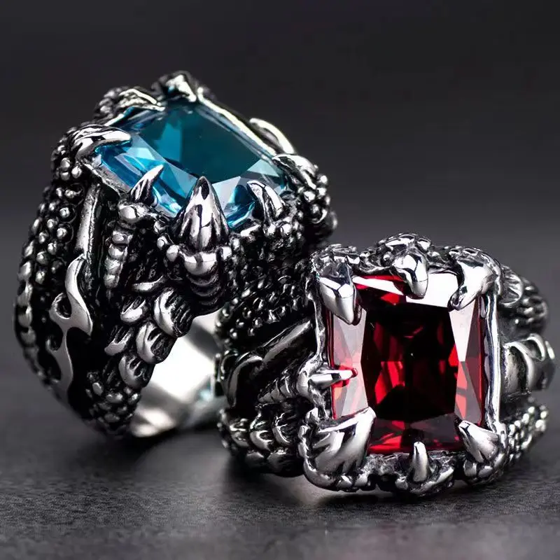 Retro Punk Skull Claw Crystal Ring Ethnic Dragon Claw Ring Men's Boys Charm Trend All-Match Party Jewelry Gift