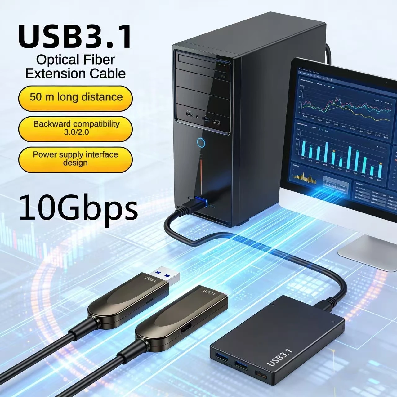 

10m 30m 50m AOC Optic Fiber USB 3.1 Extension Cable 10Gbps Backward Compatible with USB2.0 for HDD Enclosure Keyboards mouses