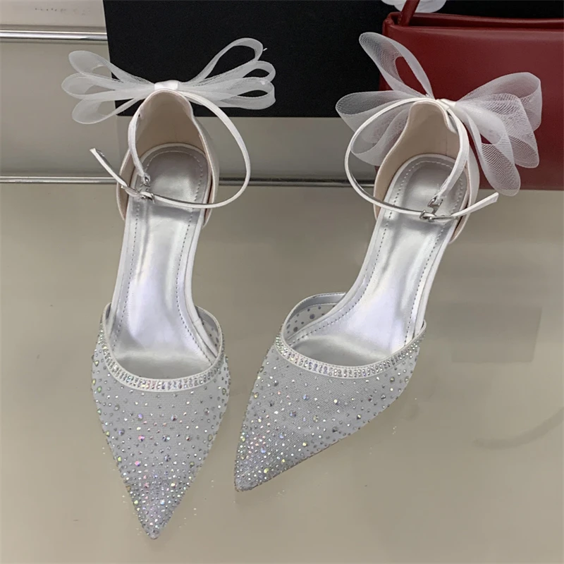 

Весенние сексуальные туфли-лодочки Eilyken с кристаллами и бантом, женские туфли с острым носком, сандалии с ремешком на пряжке, туфли на тонком каблуке для вечеринок, Zapatos Mujer
