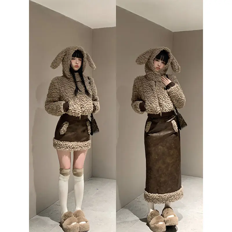 

Thick Rabbit Ear Fleece Coat with Skirt Set Japanese Sweet Style Dress Set Autumn Winter Warm Womens Two Peice Sets