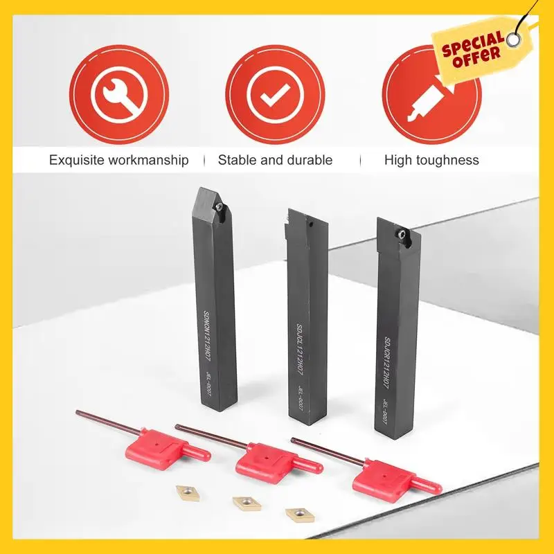 3Pcs 1/2 Inch CNC Lathe Carbide Turning Tools Indexable Holder Set SDNCN1212H07 + SDJCL1212H07 + SDJCR1212H07+3Pcs DCMT070204 In