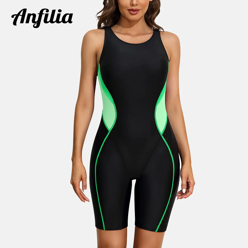 Anfilia Women One-Piece Sports Swimsuit Color Block Racerback Professional Training Boyleg U Neck Swimwear