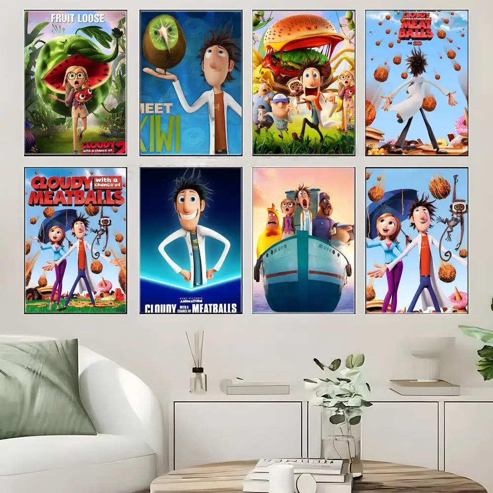 Cartoon C-Cloudy with a Chance of Meatballs Poster  Self-adhesive Art Waterproof Paper Sticker Coffee House Bar Room Wall Decor