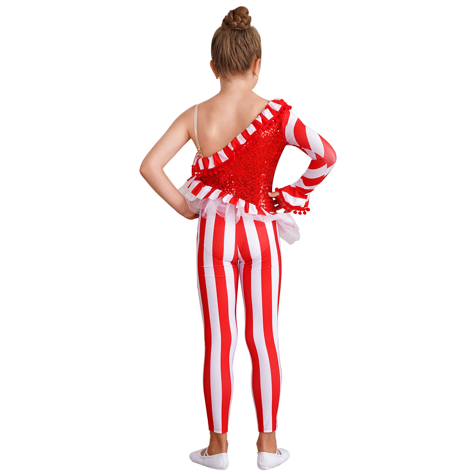 Kids Meisjes Candy Cane Kerst Dans Bodysuit Jumpsuit Unitard Een Schouder Xmas Holiday Kerstman Sweetie Kostuum Dancewear