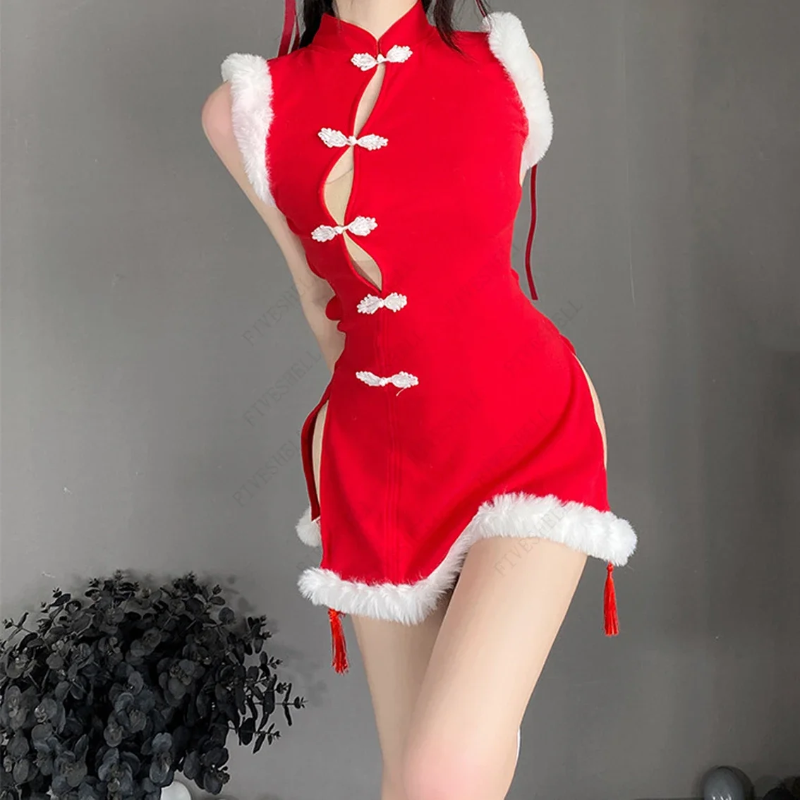 Sexy Women Christmas Decoration Hollow out Dress Retro Tassel Cheongsam Solid Uniform Set Xmas Halloween Party Costume for Girls