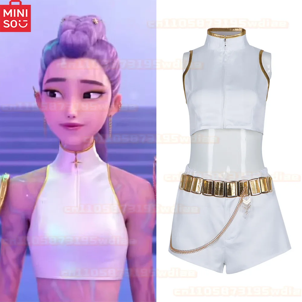 映画デーモンハンター KPop コスプレルミミラゾーイ衣装 Pu レザーホワイト歌うスーツ女性ハロウィンカーニバルパーティー衣装