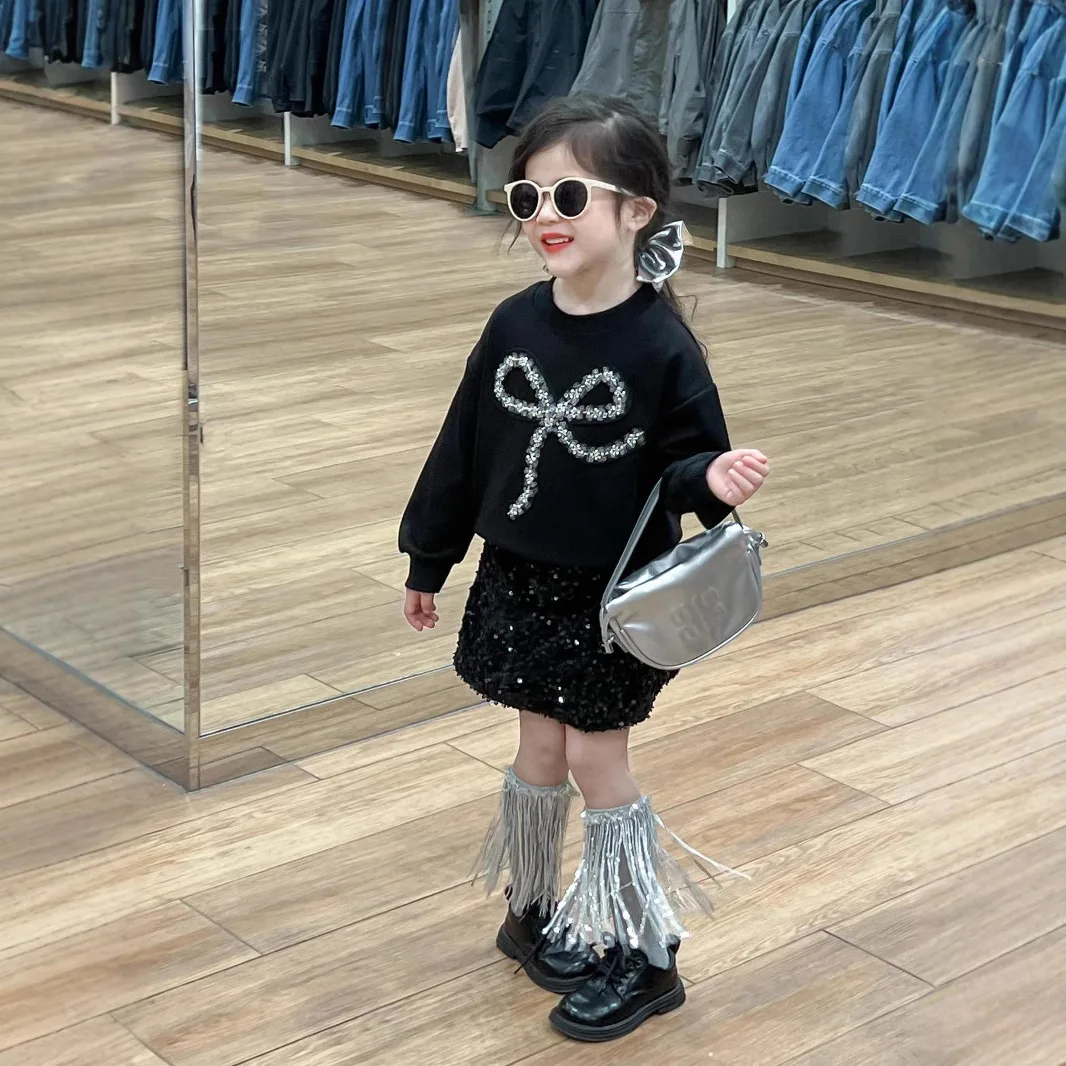 

2025 Spring Sweet Bow Sequined Sweater and Black Sequined Skirt Girl Clothes