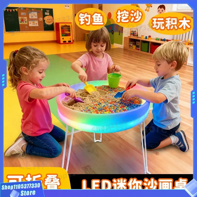RGB Touch Luminous LED Round Sand Painting Folding Table Kids Educational Fishing Digging Building Block Mini Toy Desk for