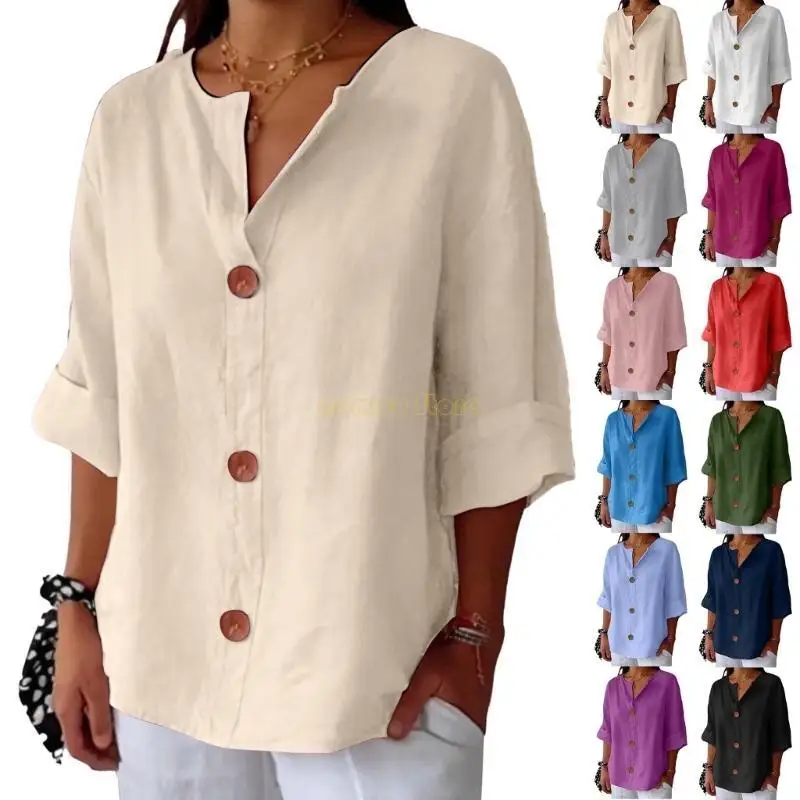 

31BF Linen Shirts for Women Summer Cotton Linen V Neck 3/4 Sleeve Tops Loose Vacation Beach Solid Blouses Tunic