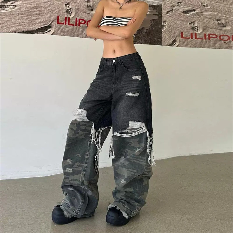

Women's Camouflage Splicing Design Denim Trousers Summer Cool Girl Pant Vintage Bottoms Female High Waist Wide-leg Neutral Jeans