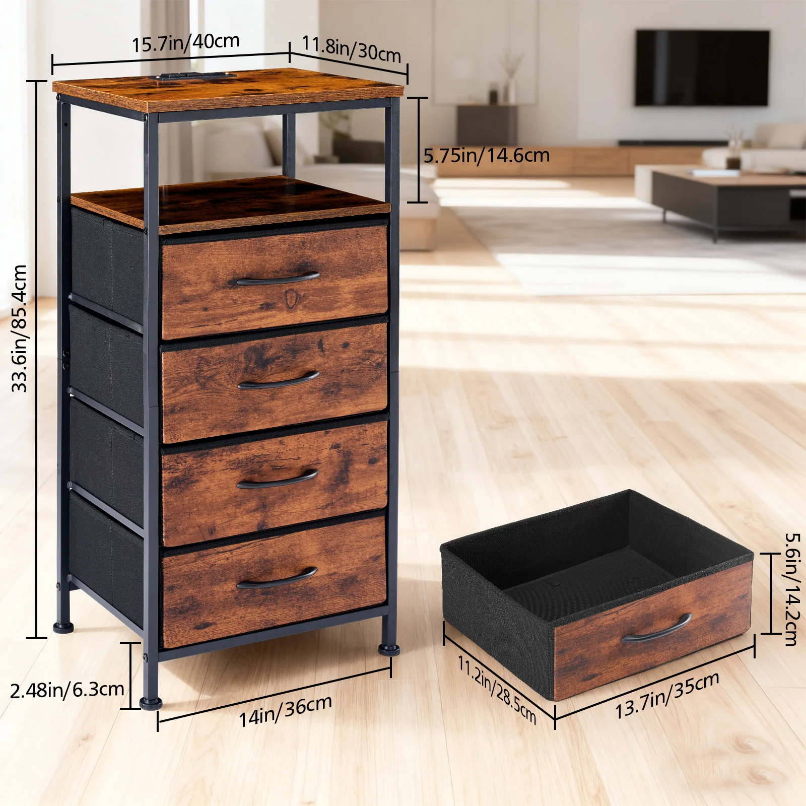 JHK Corner Table Cabinet with 4 Fabric Drawers Support USB/Type-C Ports and Outlets Adjustable Feet and Variable Light Strip image 3