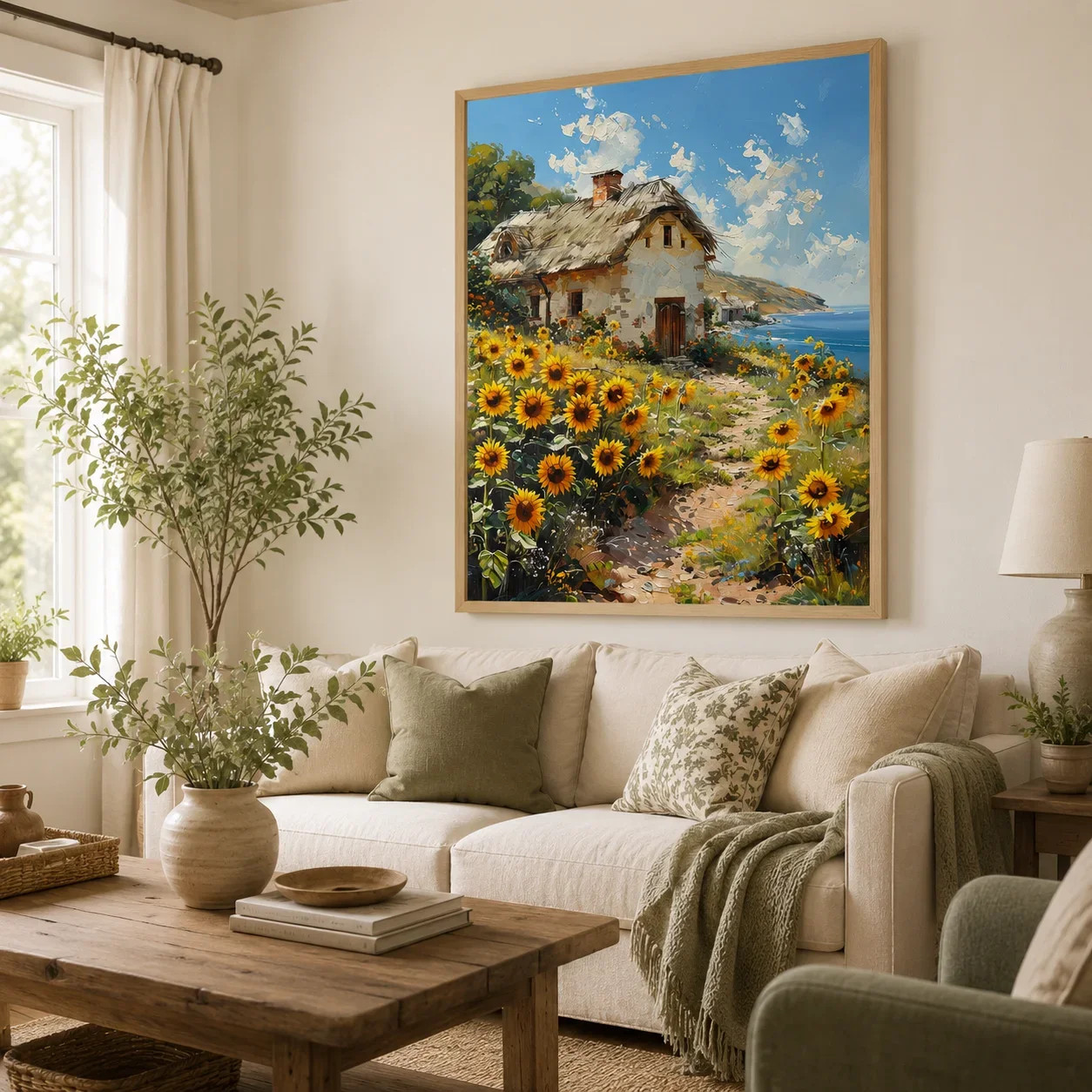 1pc frameless Canvas Painting Ukrainian Village Sunflowers Painting,BlueSky Scene,Canvas Wall Print,High‑Grade Home Decoration A