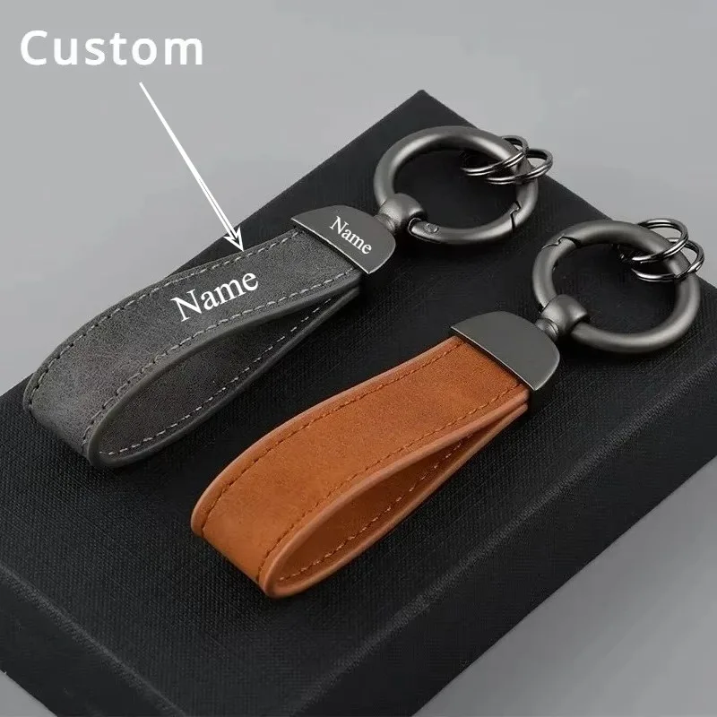 

Minimalist Stainless Steel Metal Keyring Leather Car Keychain Pendant Laser Engrave Customized Name Vintage Accessory Gift