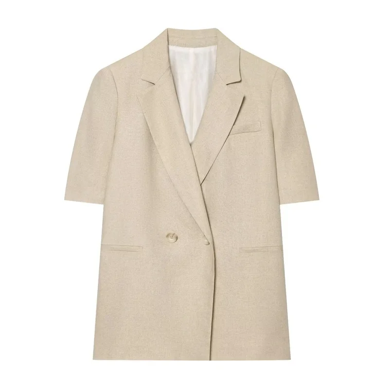 Nuevo Blazer de Moda con Mezcla de Lino, Manga Corta y Doble Botonadura, Elegante y Versátil, Casual y Fácil de Combinar