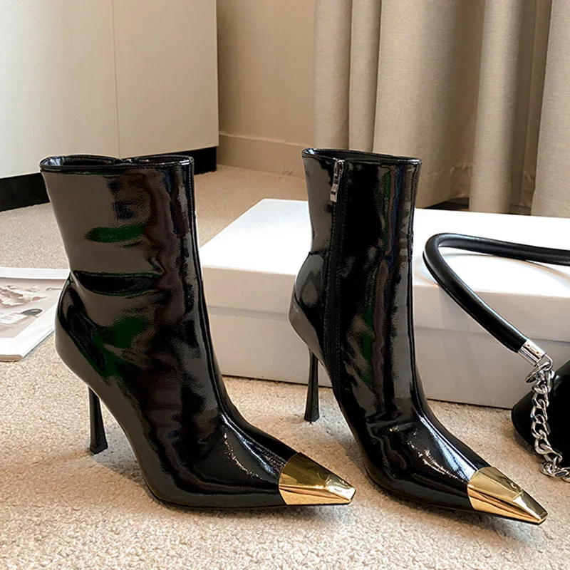 New Sexy Metallic Iron Ankle Boots Women High Heels Boots Women Pointed Toe Short Boots Women Fashion Shoes Woman Botines Mujer