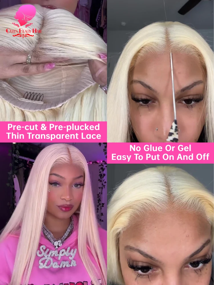 613 Бесклеевые парики из человеческих волос 5x5 Парик с закрытием шнурка Remy Прямой блондин Предварительно выщипанный бесклеевой парик 100% парики из человеческих волос Готовые к работе