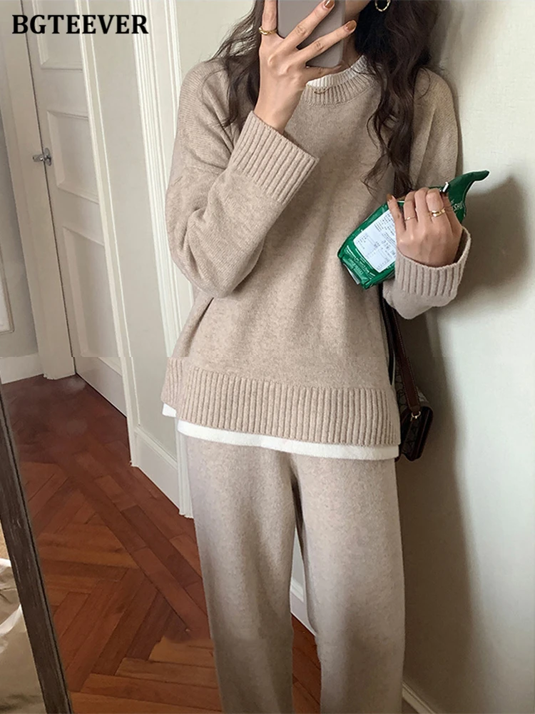 BGTEEVER Casual Loose 2 Pieces Knitted Set Female Long Sleeve Patchwork Pullovers & Wide Leg Trousers Winter Sweater Set Women