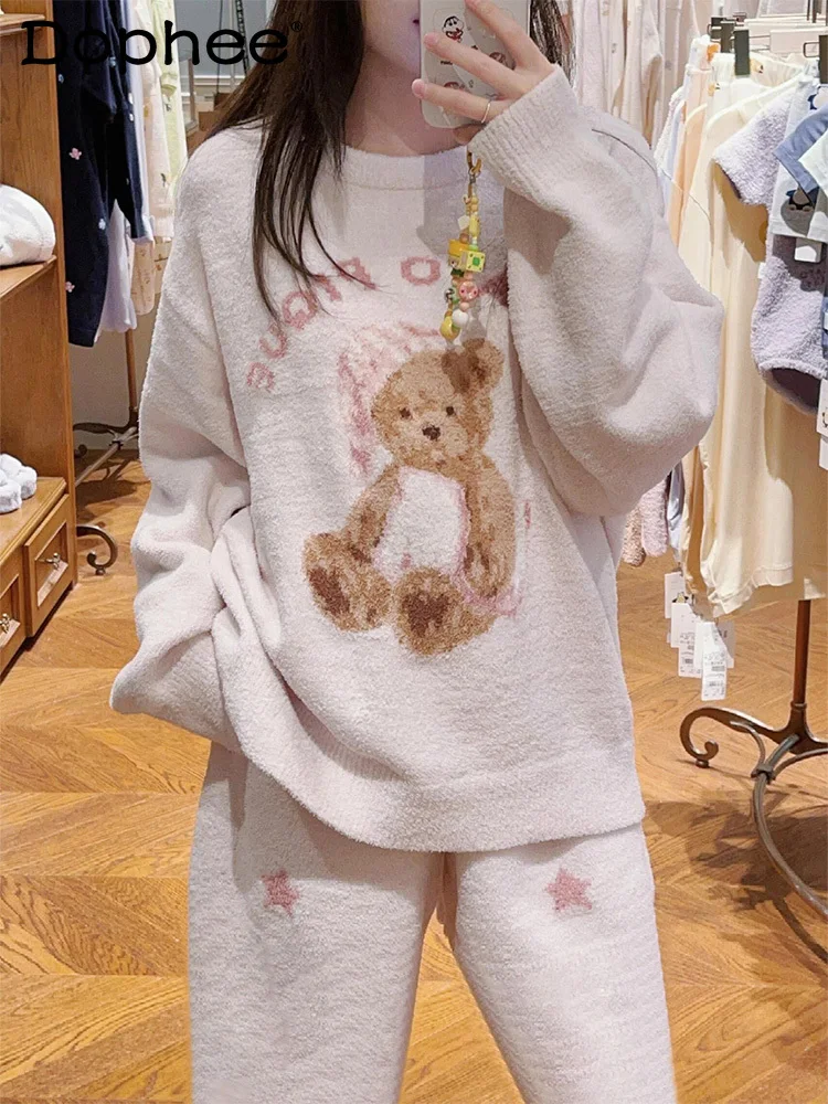 

Japanese Style Sweet Cute Pink Cartoon Bear Half Pajamas 2025 New Winter Thickened Coral Fleece Warm Homewear