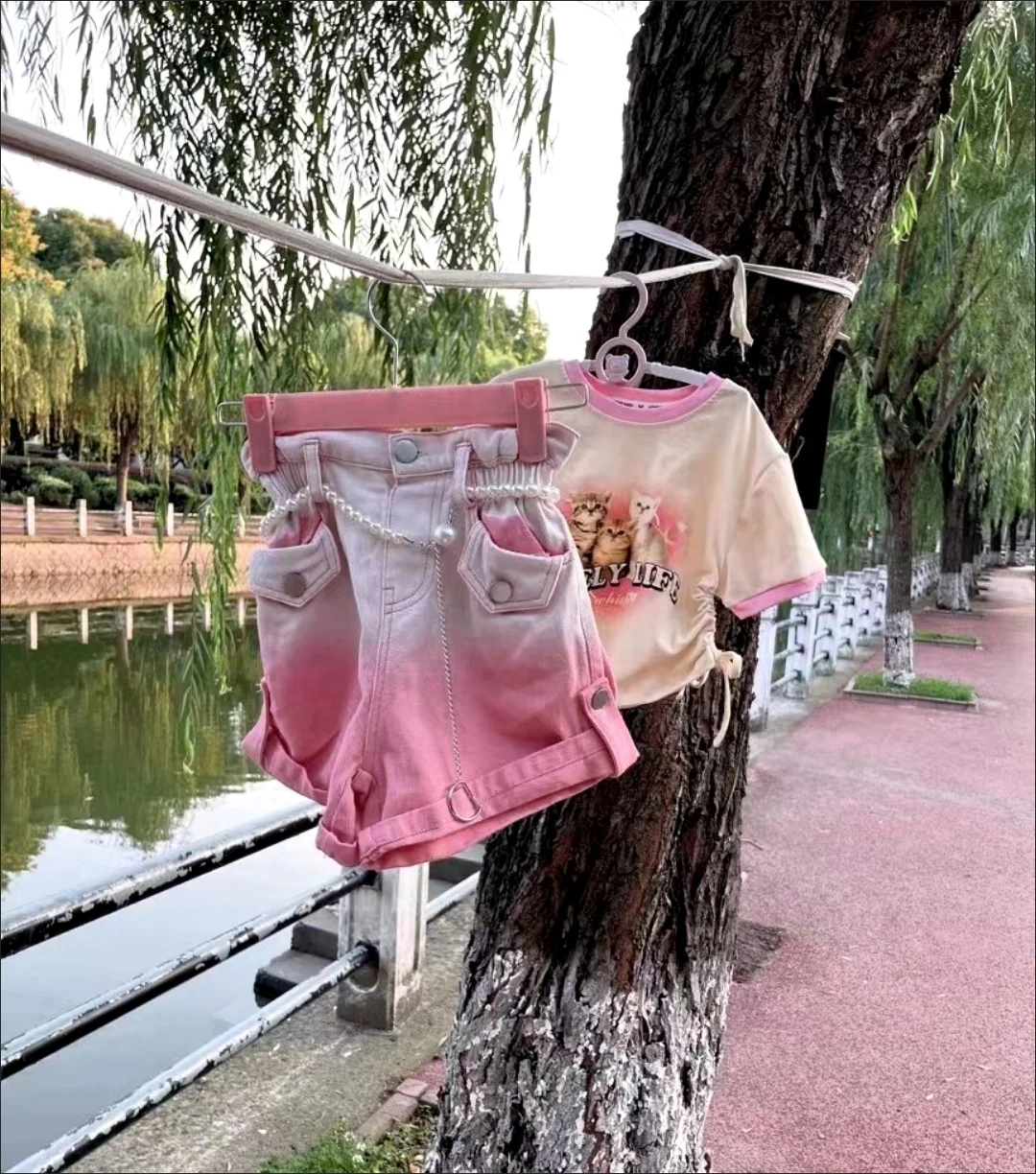 Retail  New Baby Girls  Summer Teenage  Fashion Sets  Cartoon Top+  Pink  Shorts   Princess Sweet Suits  3-9T