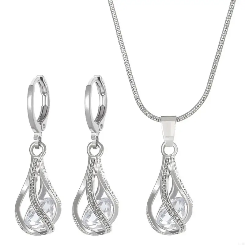 E0BE Stylish Crystal and Zirconia Earrings Necklace Jewelry Set for Formal Occasions