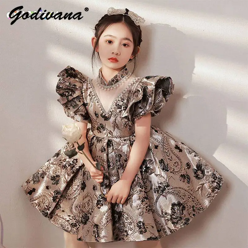 

Little Girls Evening Princess Gown Kids High End Vintage Embroidery Luxury Floral Print Feifei Sleeve Pearls High Waist Dress