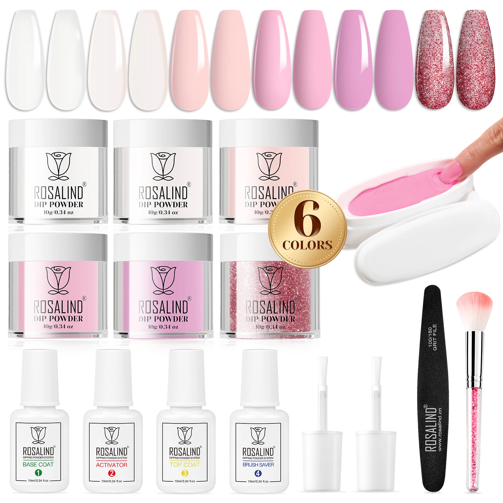 ROSALIND 13PCS Professional Dip Powder Kit 6 Colors Dip Powder Nail Clear Nude Pink Series Dip Powder Colors Set with Base&Top