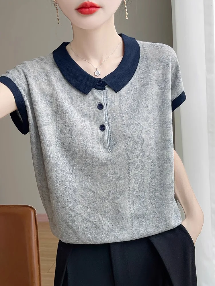 تي شيرت نسائي صيفي جديد Sle Color Blo ort Sve محبوك Ne تي شيرت مرتبط بالطيران Sve متعدد الاستخدامات #2