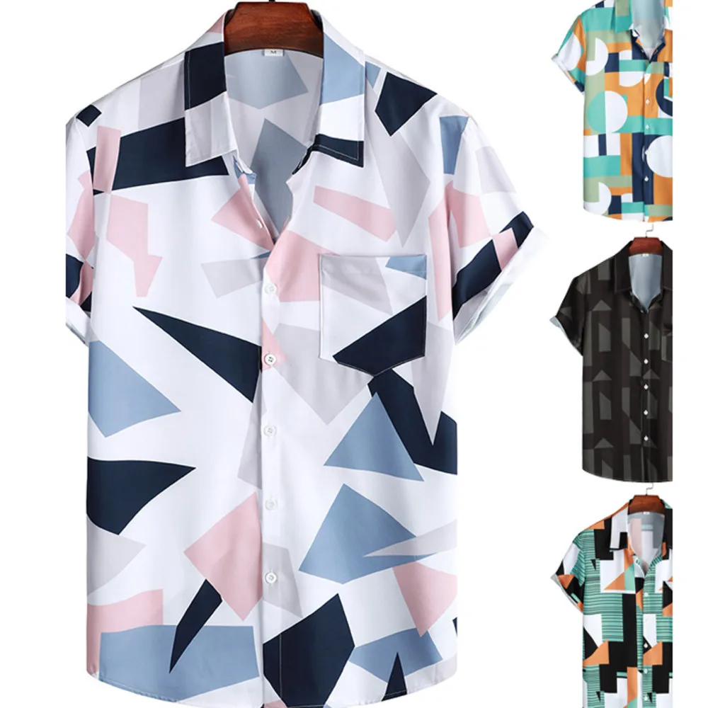 

[4 Colors] Men's White\ Black\ Green Loose Casual Geometric Print Button Lapel Short Sleeve Shirts Plus Size Fashion Street Wear