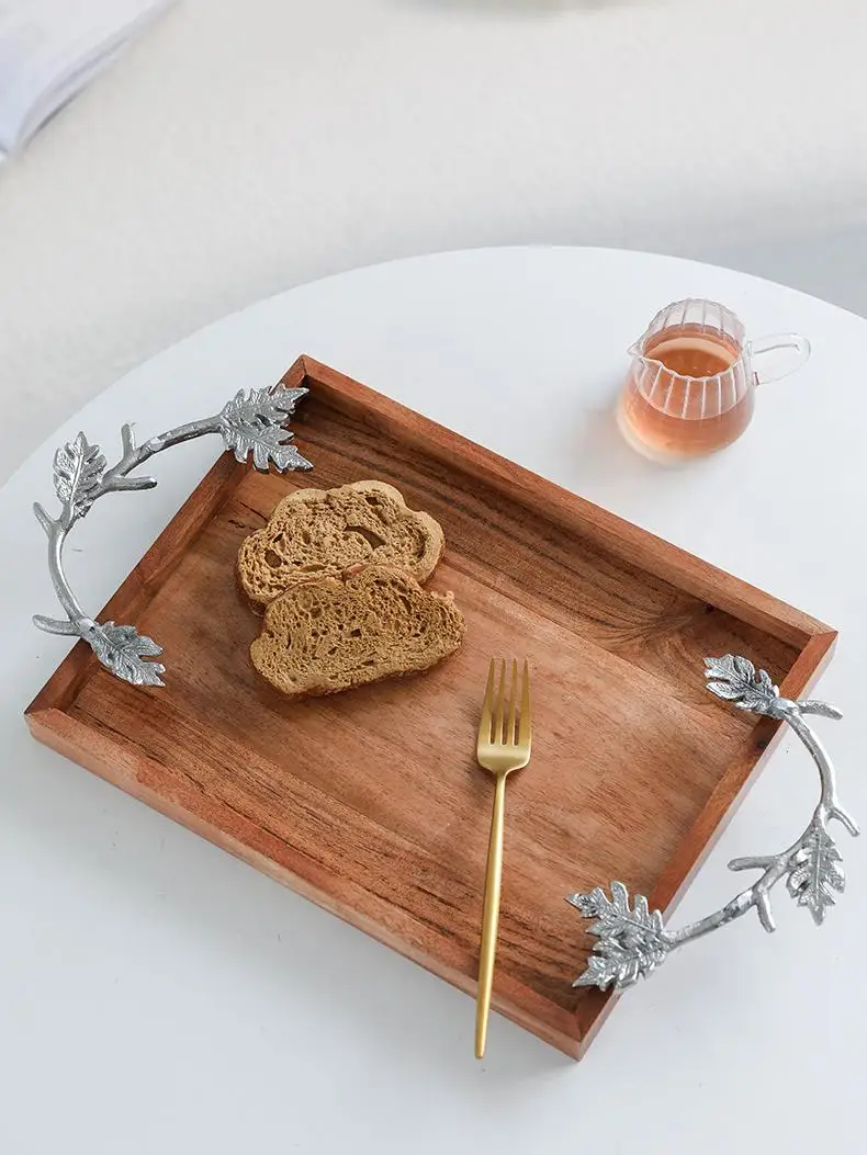 

Rustic Sle Fig Wood Fruit Plate Kitchen Bread Cutting Board Storage Tray Tea Plate with Aluminum Handle Indian Origin