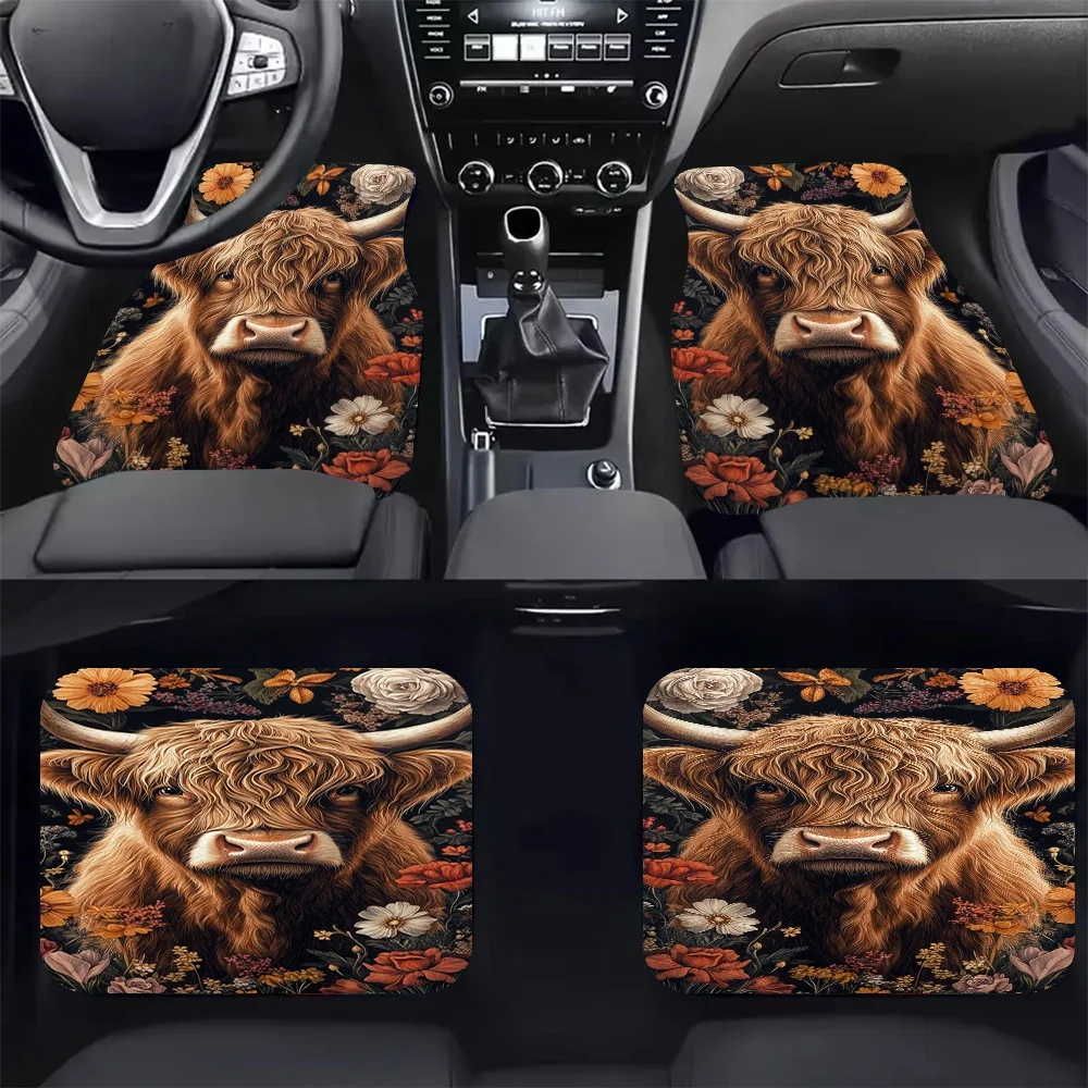 

4pcs Floral Highland Cow Print Car Floor Mats - Stylish, Easy To Clean, Durable Polyester, Fit For All Vehicles, Perfect Gift Fo