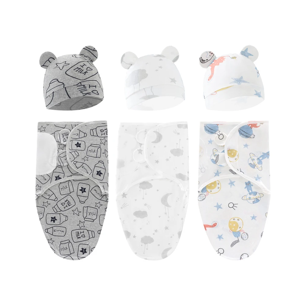 100% Organic Cotton Baby Swaddle Blanket Swaddle Wrap Hat Set for Infant Adjustable Newborn Swaddle Baby Swaddle for 0-3 Month