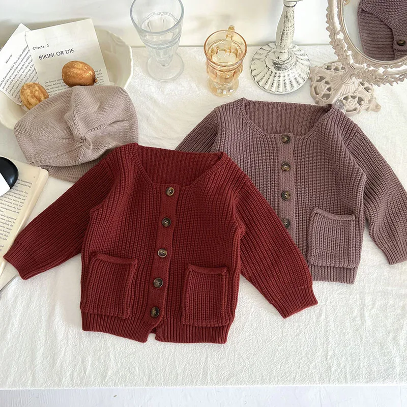 

Toddler Baby Girls Knitting Cardigan Solid Color Hollowed Cardigan Sweater European American Style Autumn Spring Baby Girls Coat