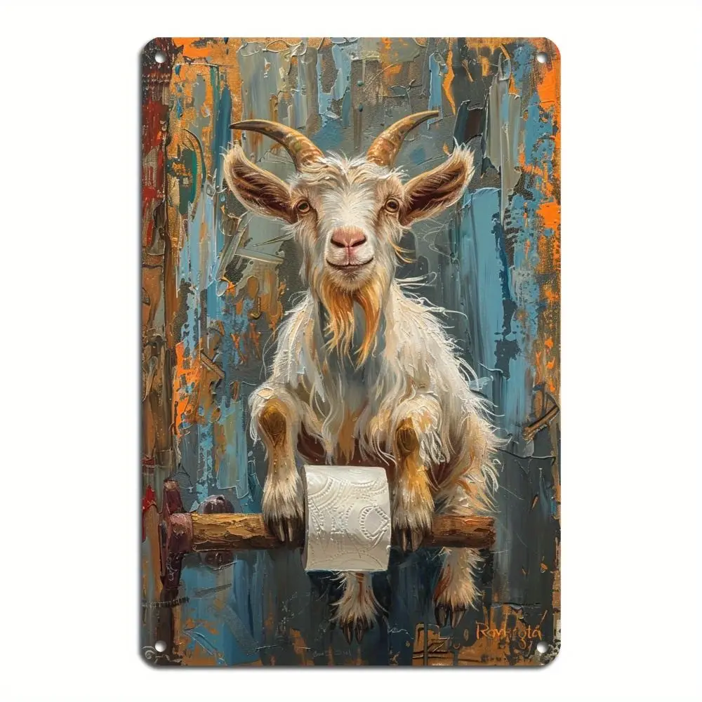 Vintage Metal Wall Sign Goat in Bathtub Retro Tin Decor, 20x30 cm (8x12 in) for Bathroom & Kitchen