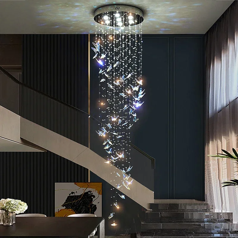 Luxury Crystal Butterfly Pendant Ceiling Chandeliers Home Staircase LED Lighting Fixture Hanging Lamps for Living Room Lustres