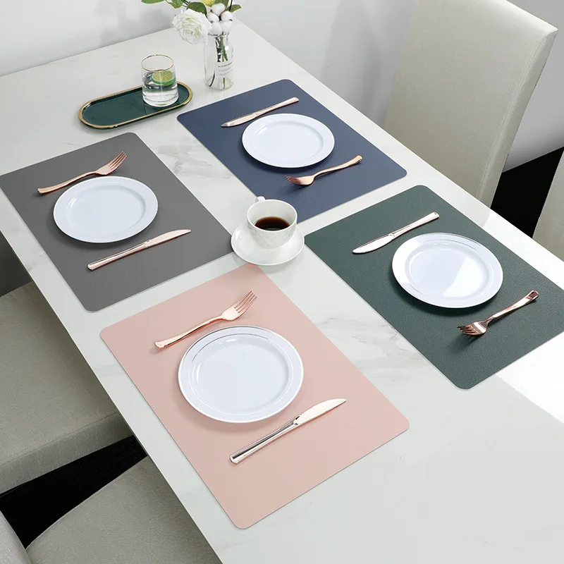 

Elegant Luxury Leather Dining Mat Heat Resistant Tablecloth Rectangular Shape Restaurant Style Pure Color Western Dinnerware
