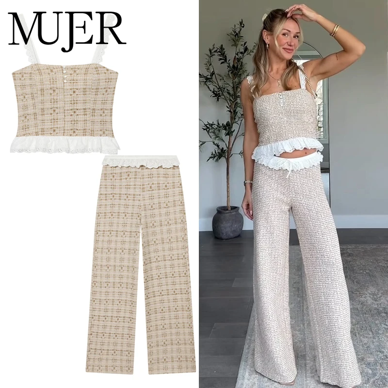MUJER Ruffle Women's Pants Set Two Pieces Textured Wide Leg Pants for Women Mid Waist Pants Woman Outfit Summer Slip Top Lady