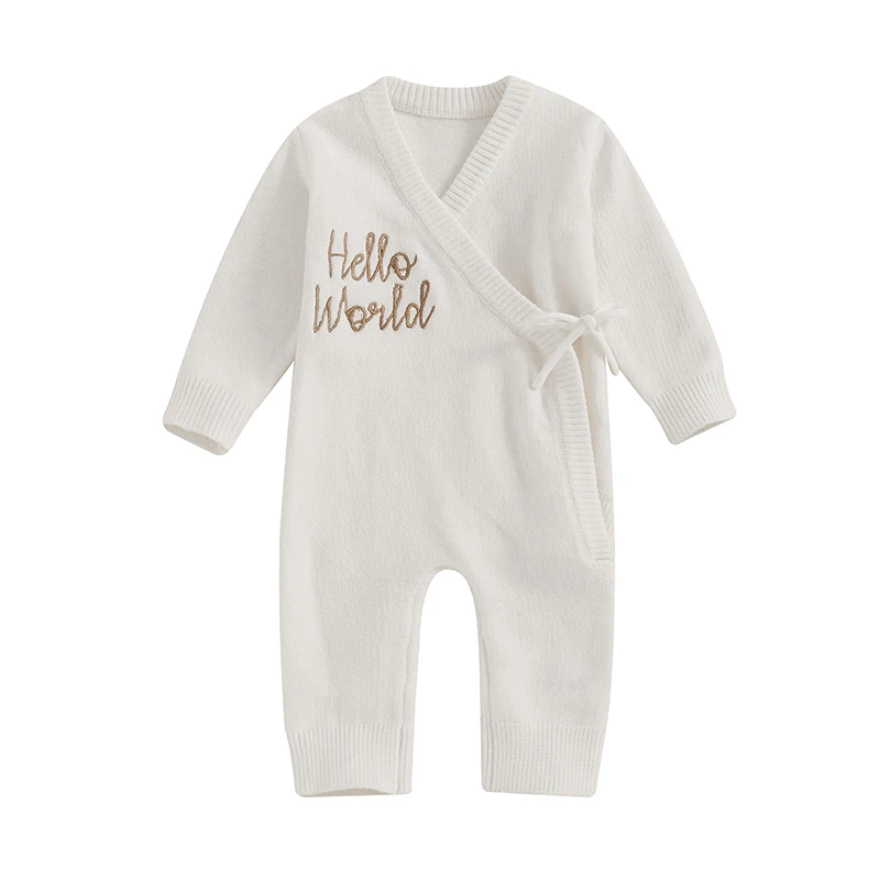 Infant Fall Knit Romper Letter Embroidery Long Sleeve Wrap V-Neck Full Length Sweater Jumpsuit