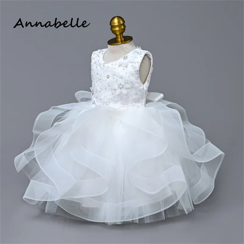 Annabelle Blumen mädchen Kleid geschwollene Spitze Blume Baby Hochzeit Bogen Kleid Priness Mädchen Bogen Geburtstags feier ärmelloses Kleid neu