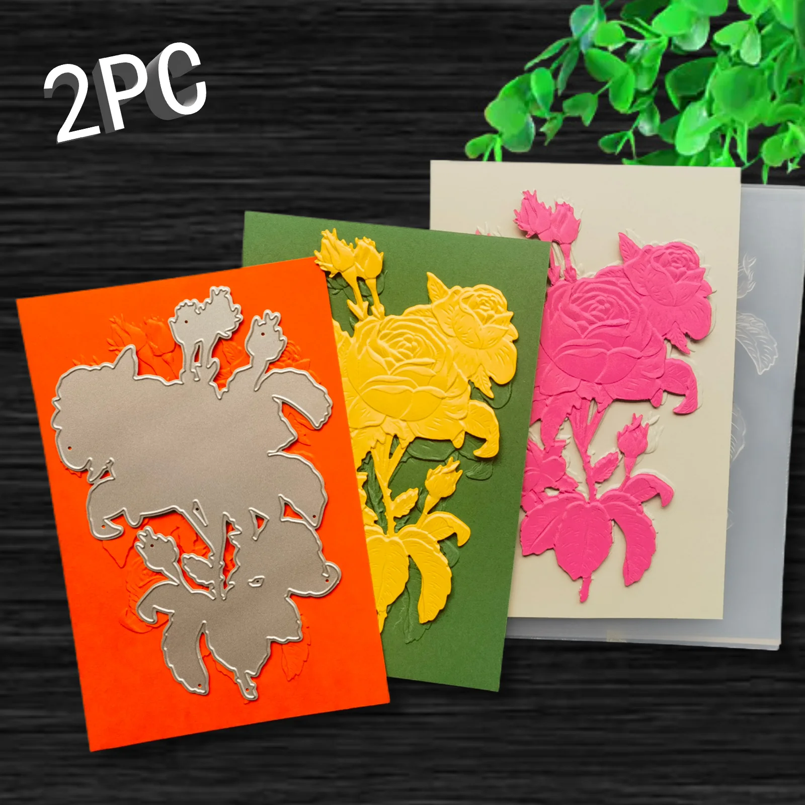 Picture 6: Rose Art Background Flower Design 3D Relief Folder and Cutting Mold 2-piece Set, Used for Business Card Printing, Scrap Book Pap