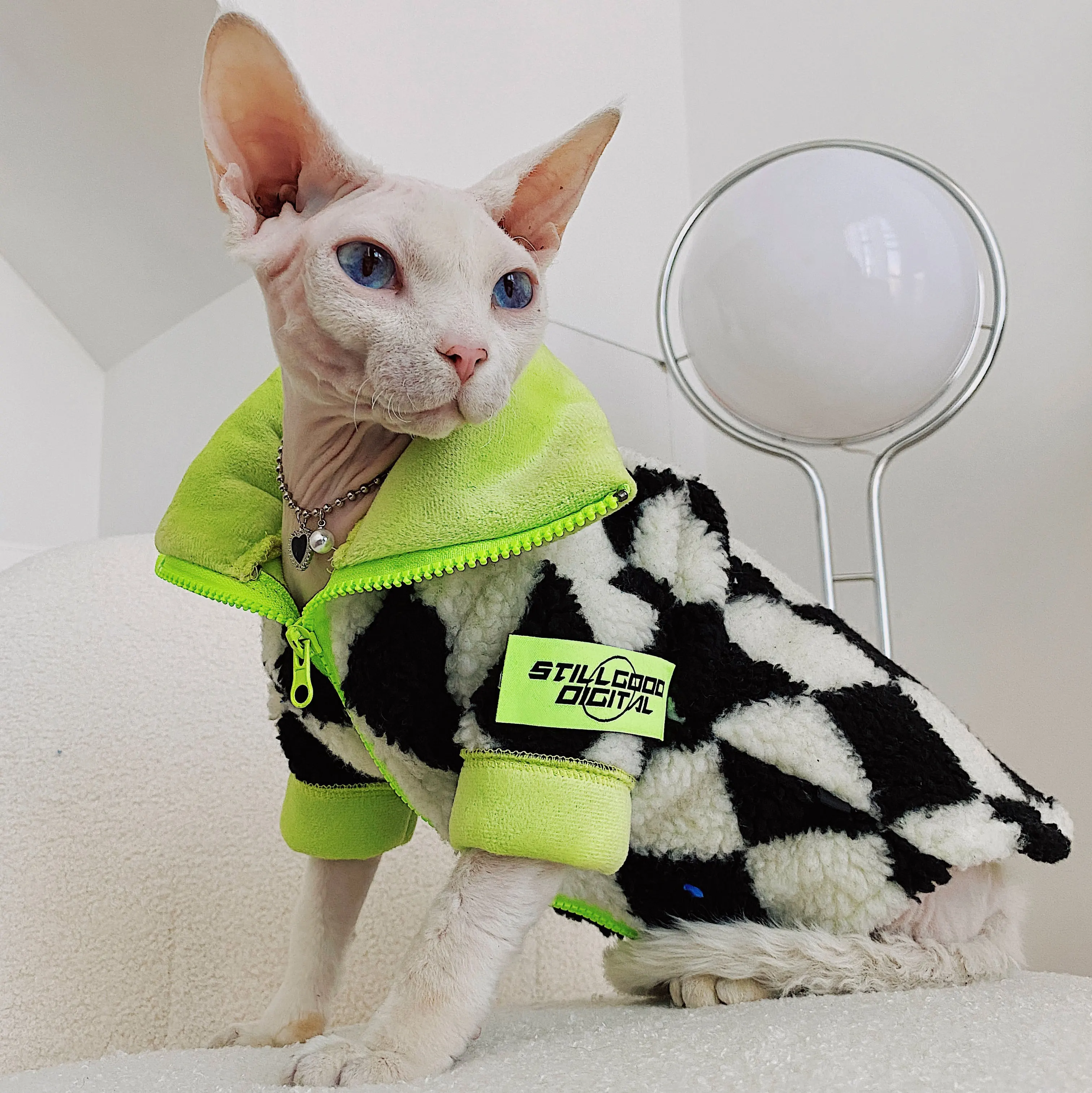 Fashion Fleece Coat for Sphynx Green High Neck Zipper Sweatshirt  Jumpsuit for Kittens Plaid Loungewear for Devon Rex Sweater