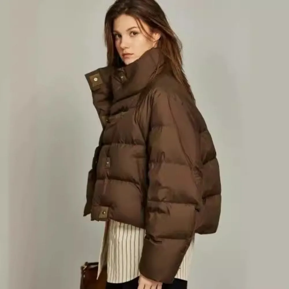 Chic Design Cropped Jacket Winter Short Puffer Jacket Women Clothing Cotton-padded Coats Warm Stand-up Collar Coat Bread Jackets