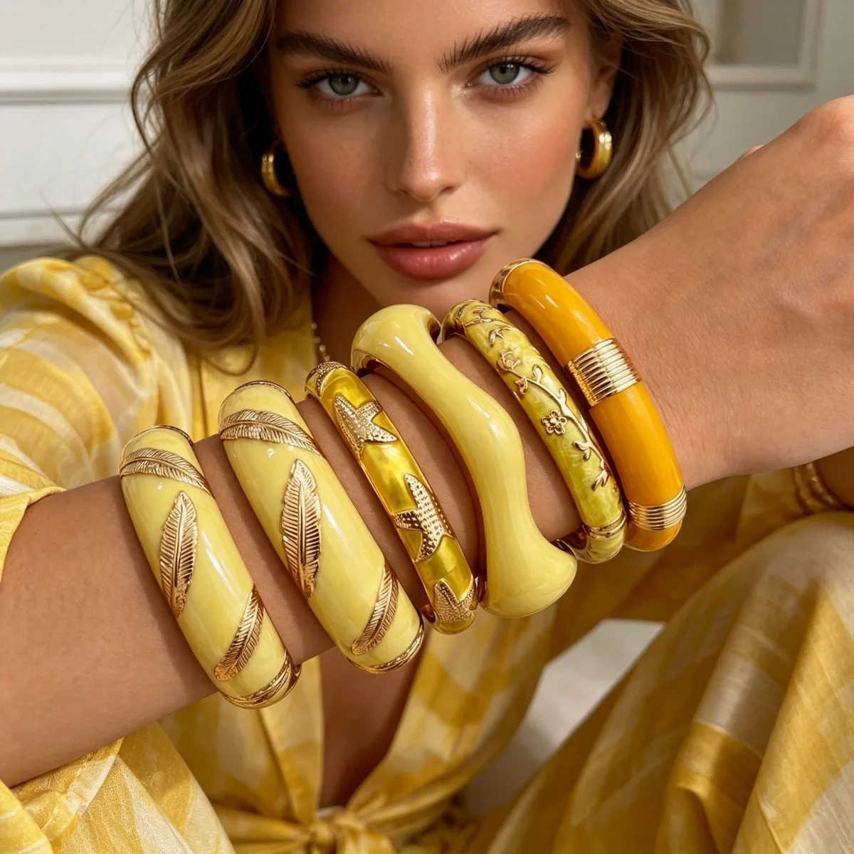 Modische Gelbe Emaille-Manschettenarmbänder für Damen und Herren, Retro-Stil mit Ast-, Wellen-, Stern-, Blatt-, Blumen- und Bambus-Motiven, Armschmuck – Detail 15