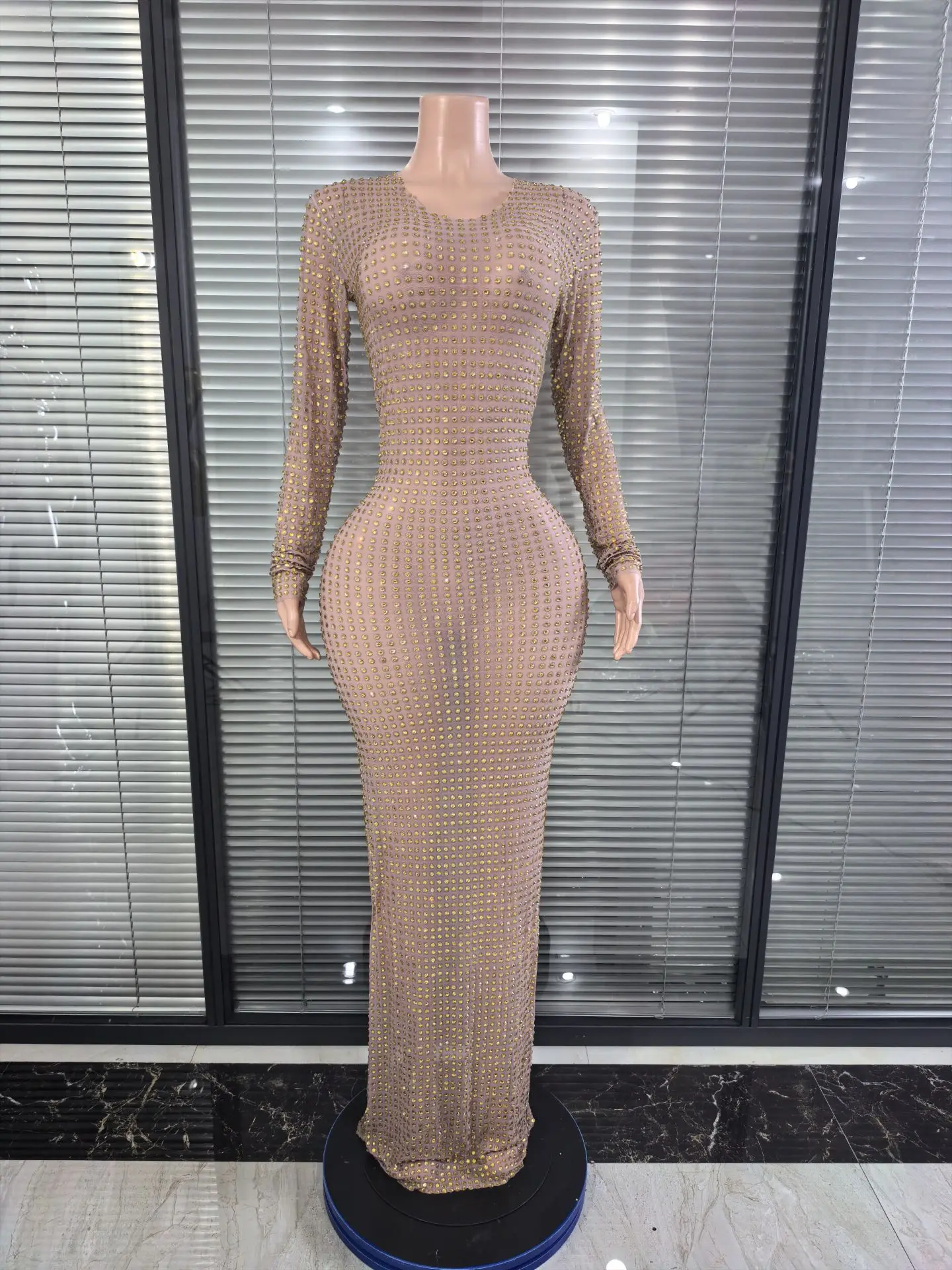 ساطع الراين شبكة انظر من خلال Bodycon فستان طويل المرأة طويلة الأكمام مثير حفلة عيد ميلاد احتفال فستان كوكتيل Vestidos