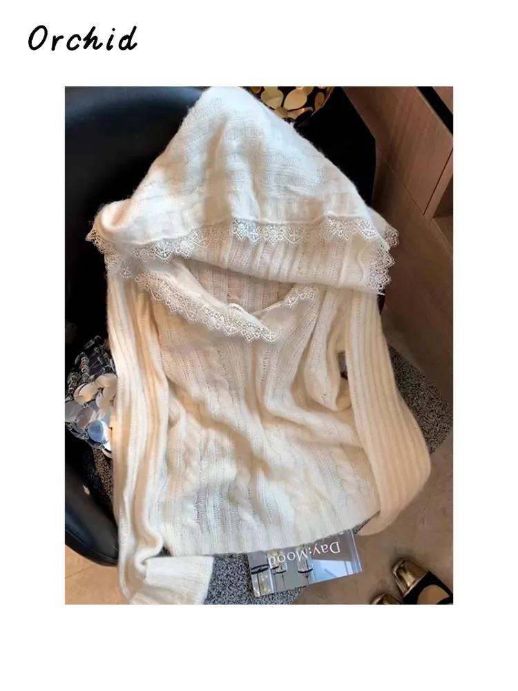 

2025 зимние повседневные сексуальные вязаные пуловеры с длинными рукавами и капюшоном, корейские модные женские милые кокетлистые белые свитера